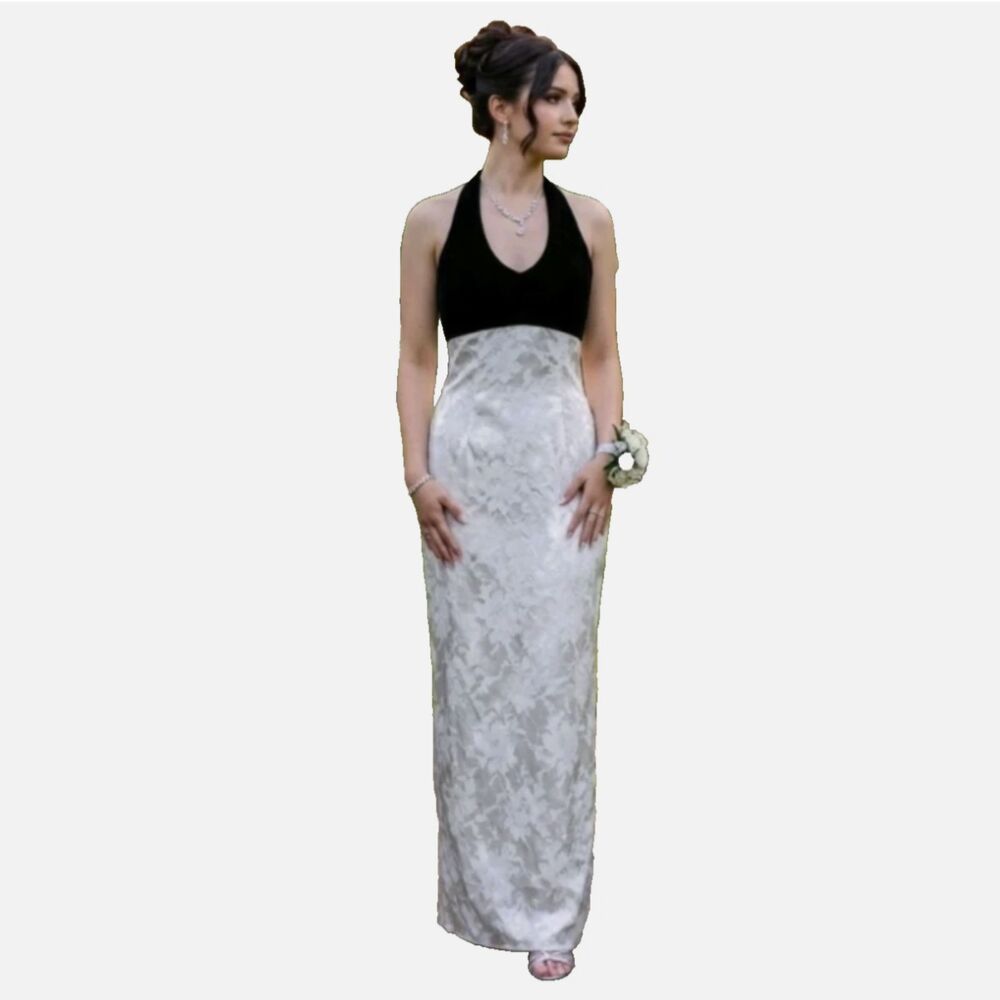 VTG 90s Jessica McClintock Black Velvet Halter Dress Ivory Column Gown XXS B:30